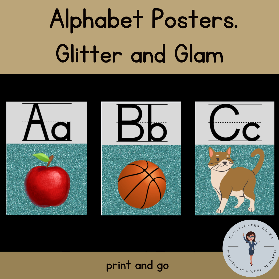 Alphabet posters with apple, basketball, and cat illustrations.