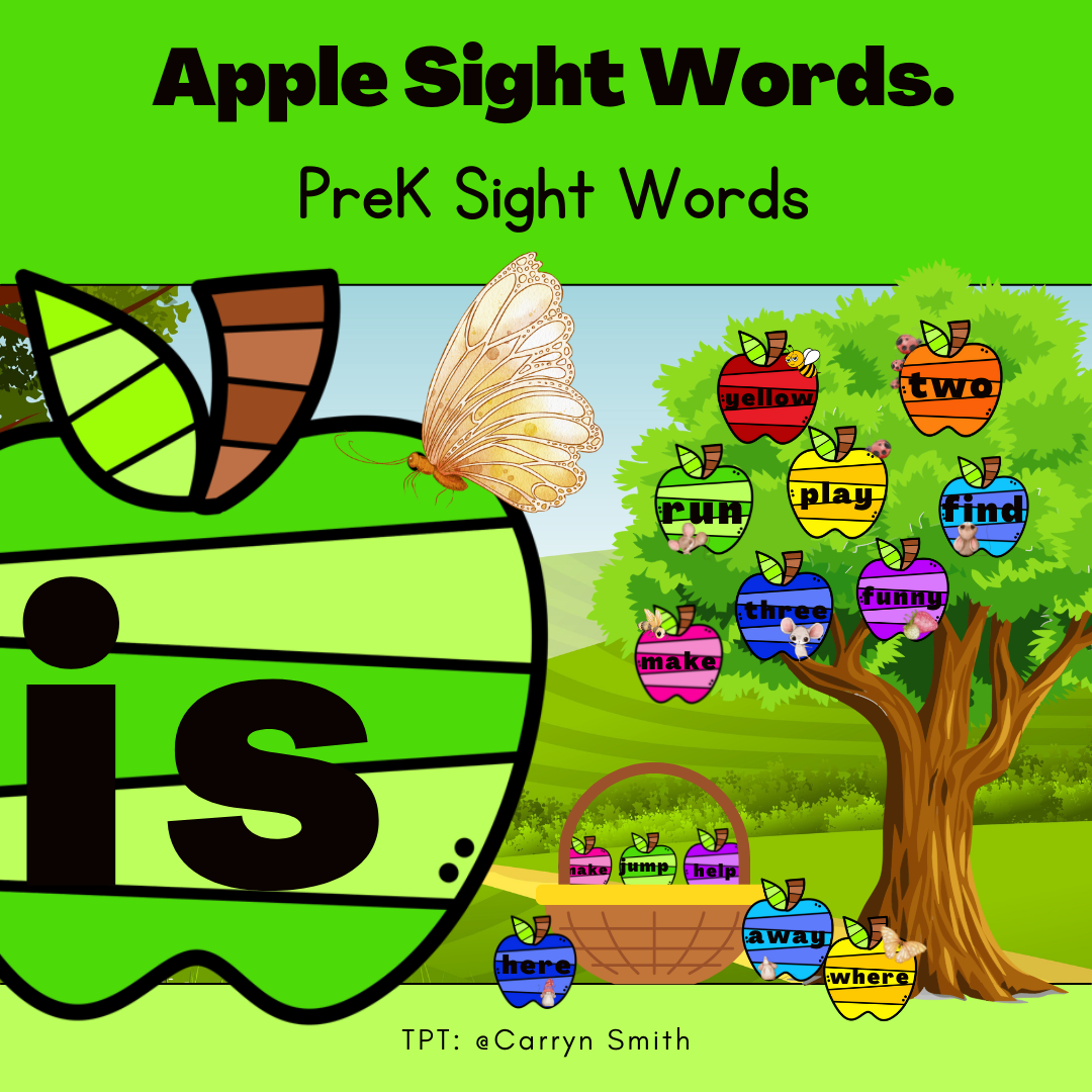 PreK Apple Sight Words educational material with butterfly.