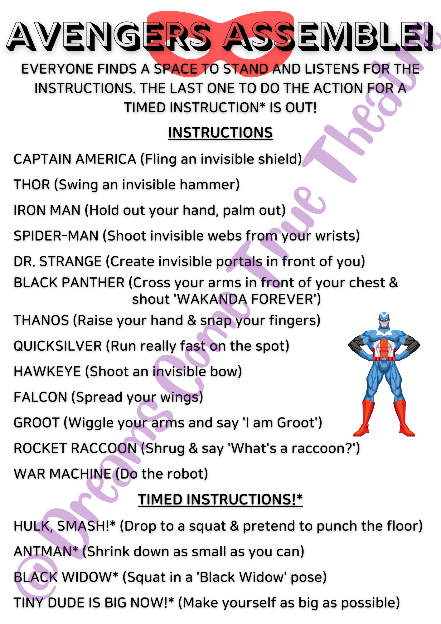 Avengers-themed party game instructions with actions.