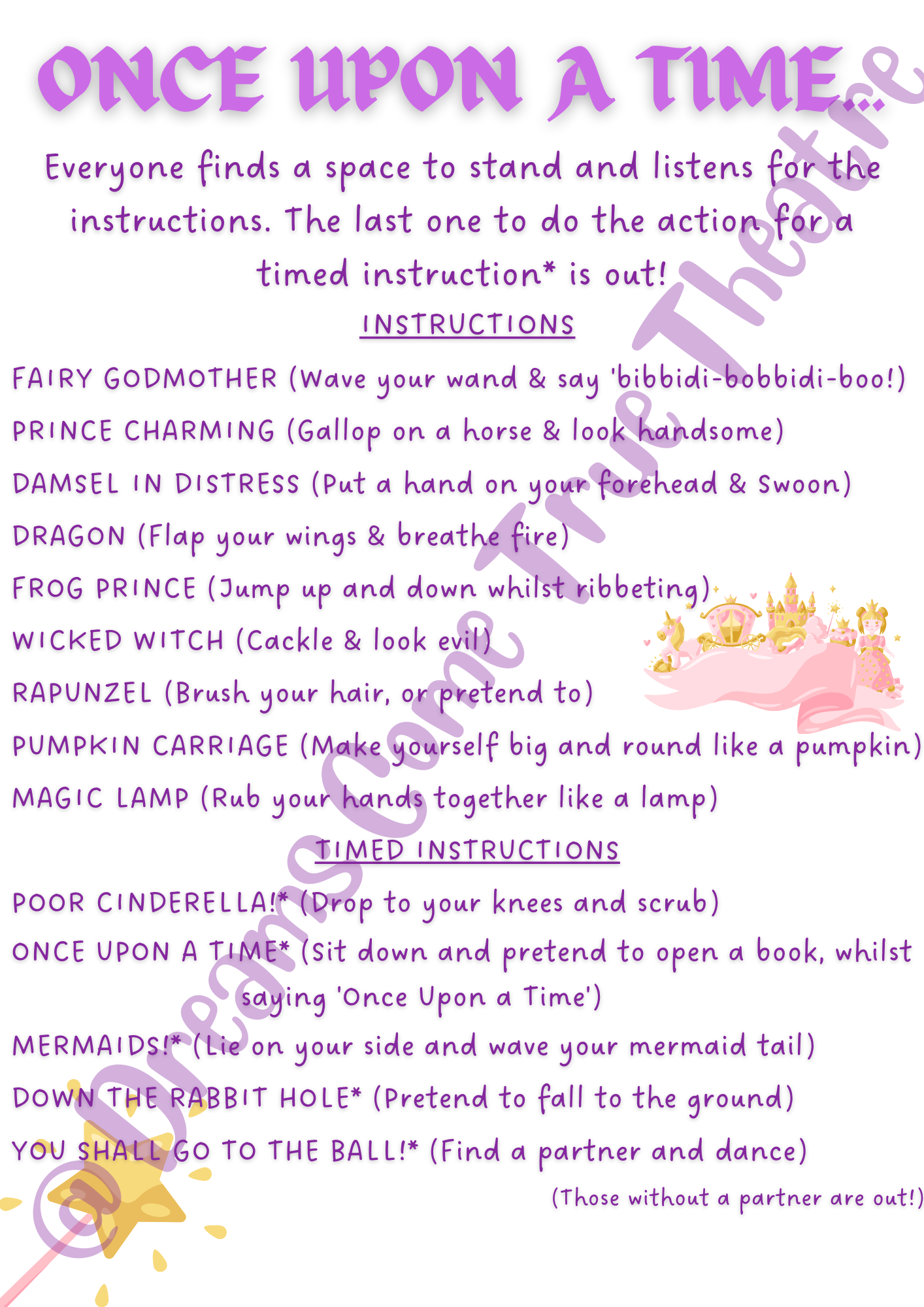 Fairy tale themed party game instructions.