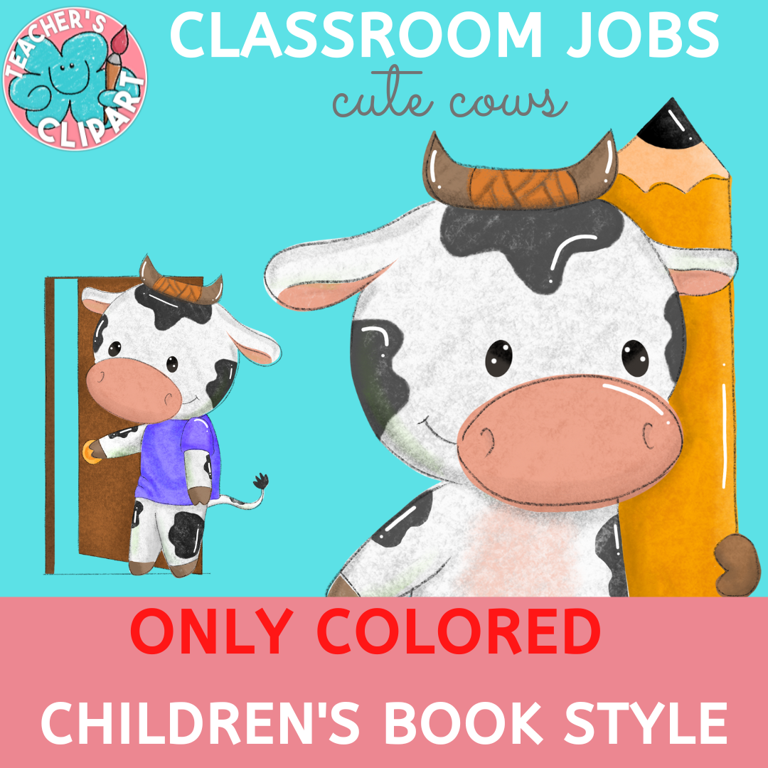 Cartoon cows illustration for children's classroom jobs.