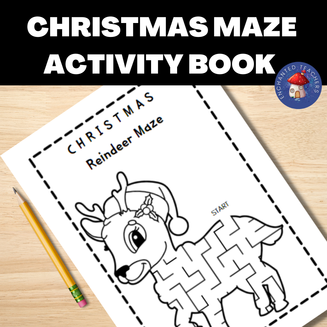Christmas reindeer maze activity book on desk.