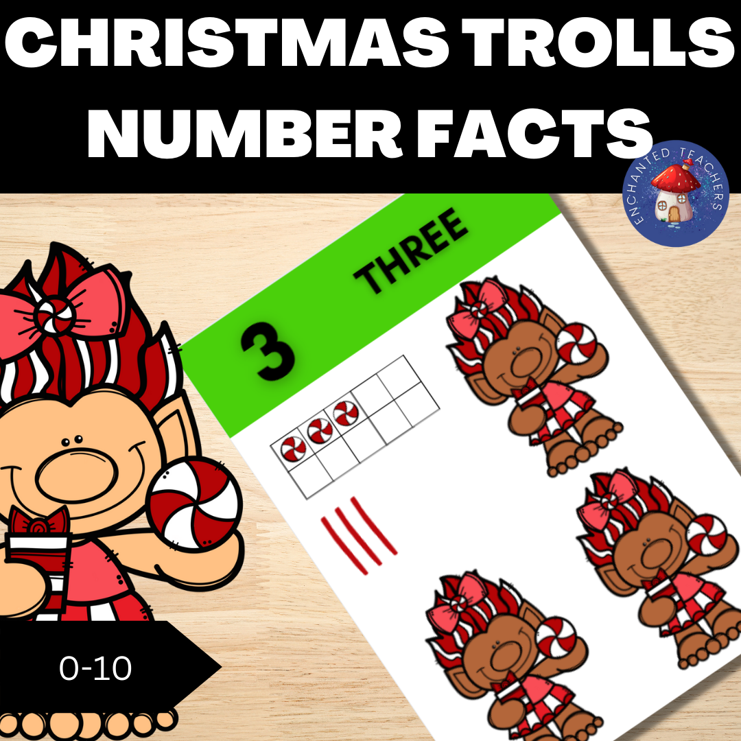 Educational Christmas trolls number facts worksheet.