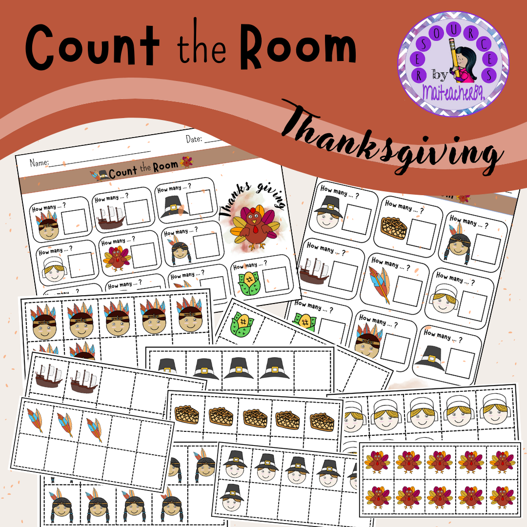 Thanksgiving-themed educational counting activity sheets for children.