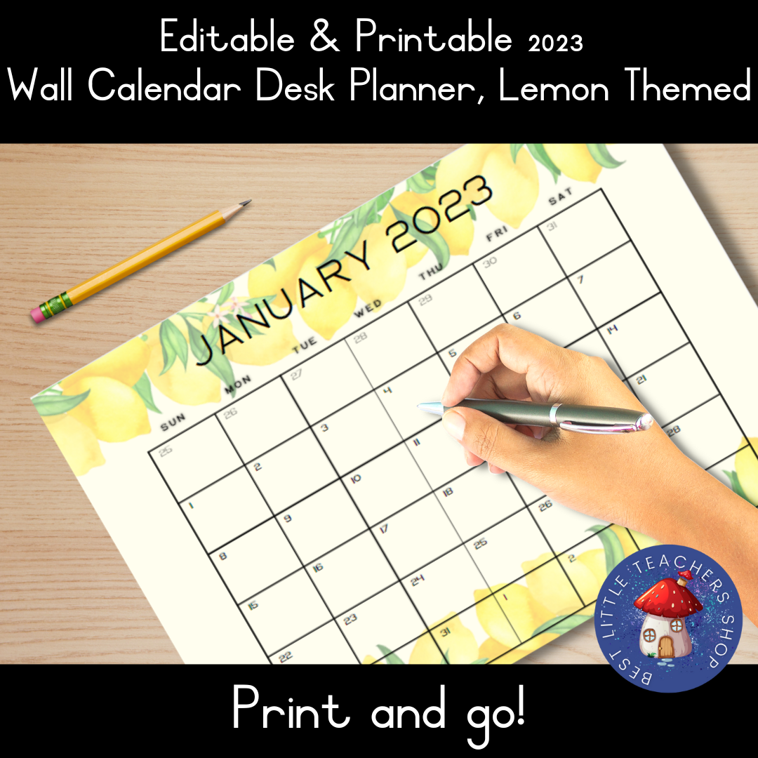 Printable 2023 Lemon-Themed January Calendar and Pencil.