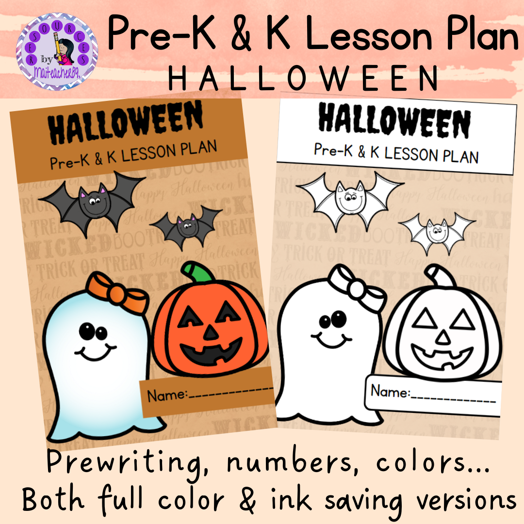 Halloween-themed Pre-K & Kindergarten lesson plan sheets.
