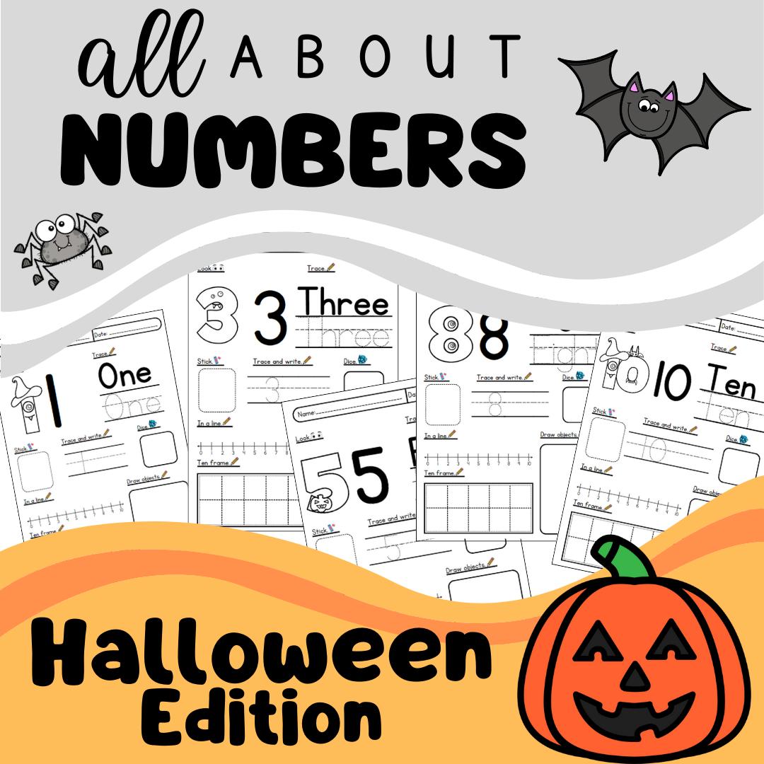 Halloween-themed educational number worksheets for children.