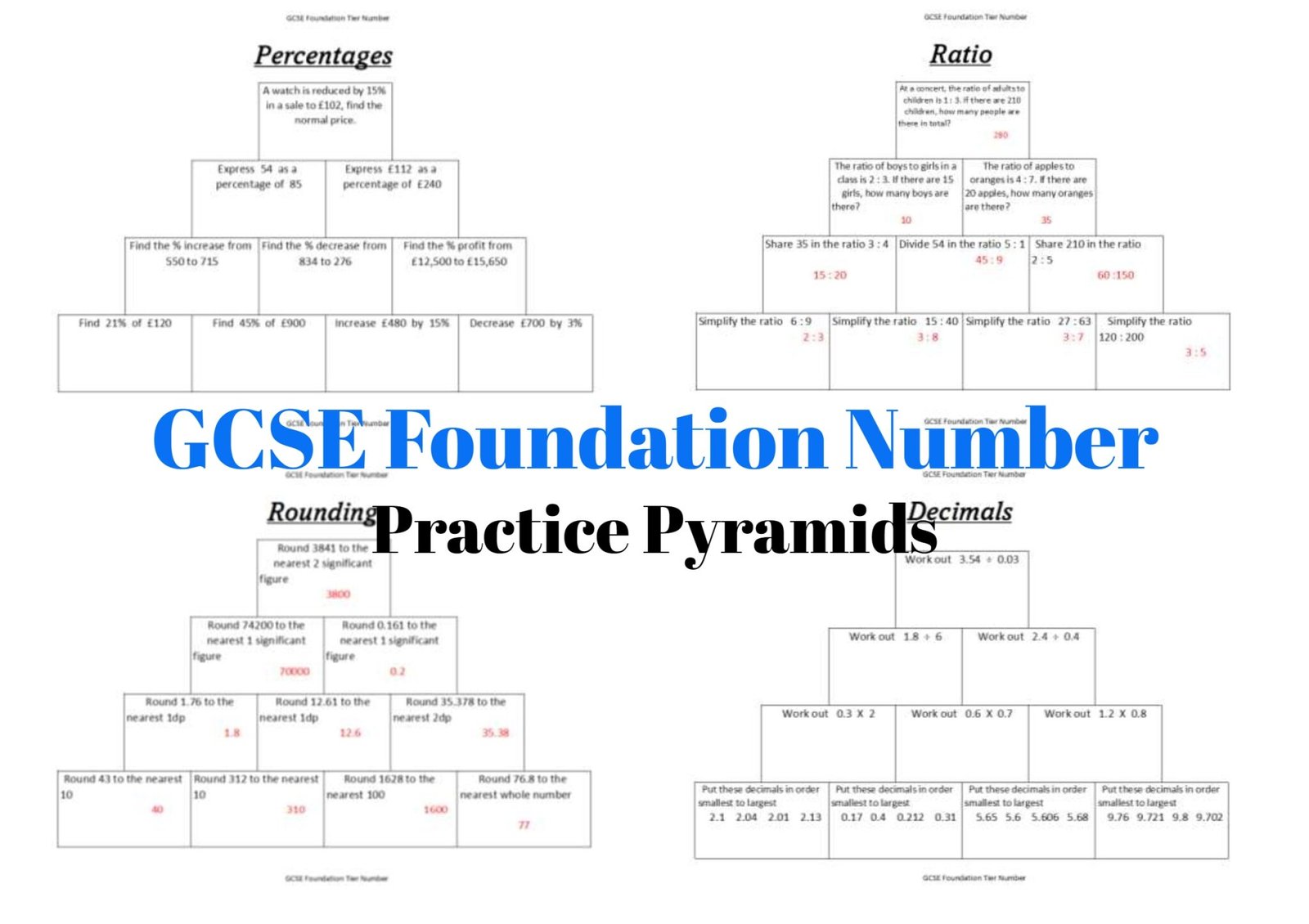 GCSE Foundation Tier Maths Number Practice Pyramid Worksheets Free