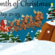 Santa sled, reindeers, Christmas tree, snowy landscape.