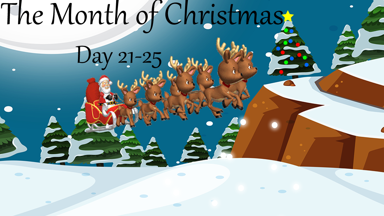 Santa sled, reindeers, Christmas tree, snowy landscape.