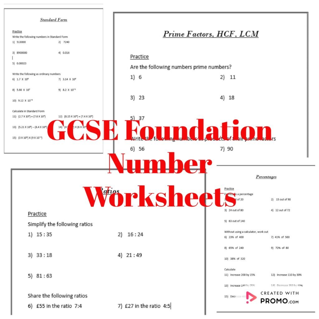 10 GCSE Number Worksheets for Foundation Level with Practice and Exam