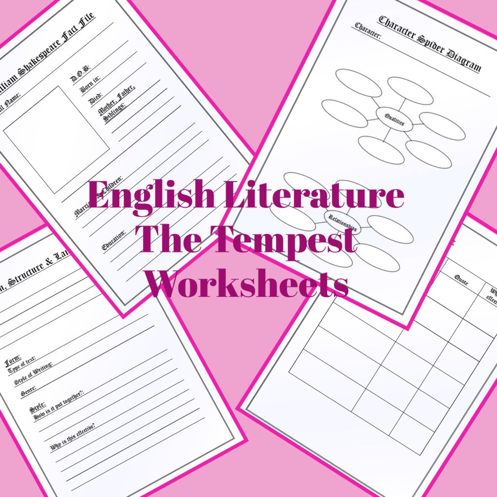 5 Worksheets To Aid Tempest Study: Shakespeare Fact File, Character ...