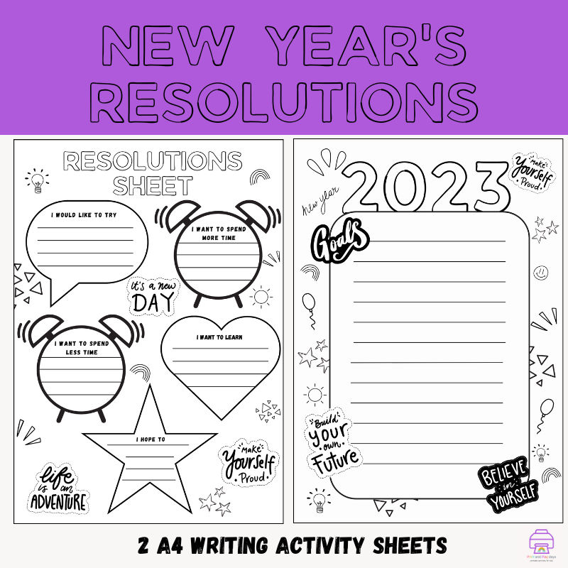 2023 New Year's resolutions printable activity sheets.