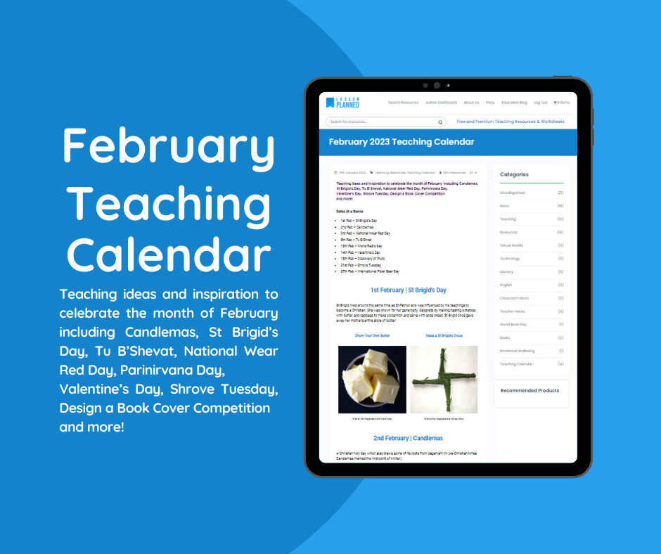 February teaching calendar on a tablet display.