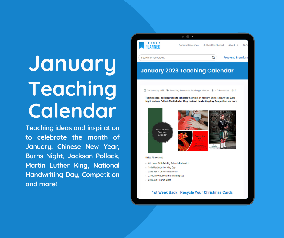 January 2023 educational calendar on tablet screen.