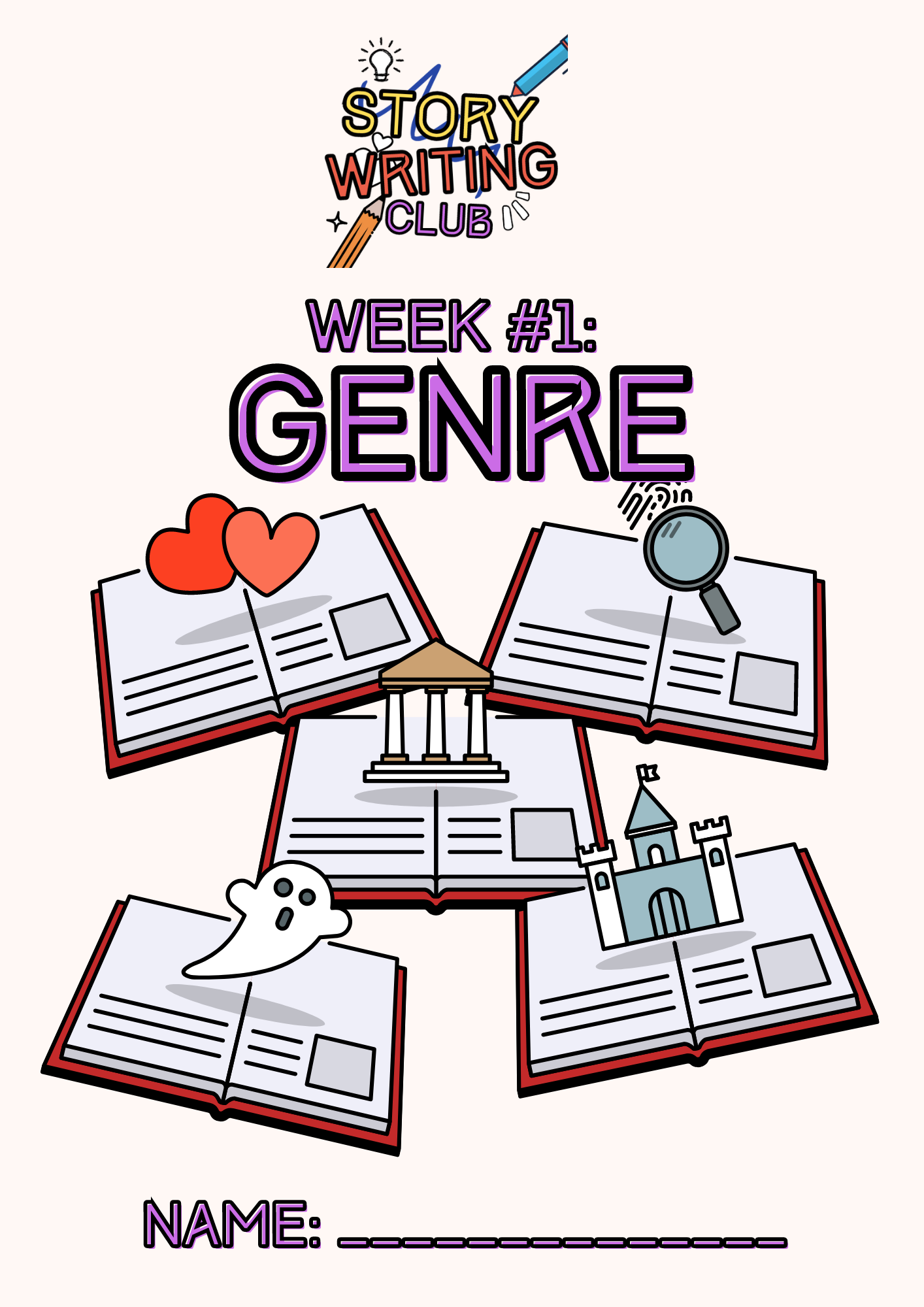 Story Writing Club flyer featuring genre exploration.