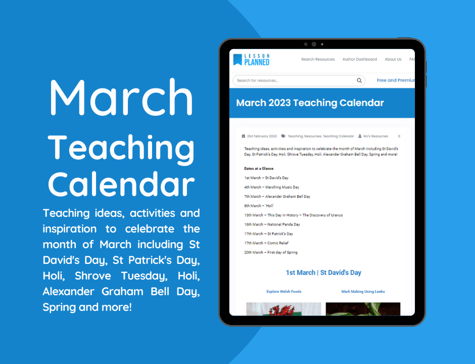 March teaching calendar on tablet showing holidays and events.