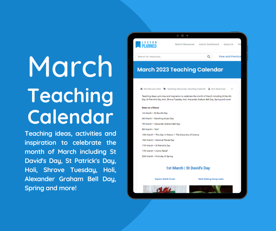 March teaching calendar on tablet showing holidays and events.