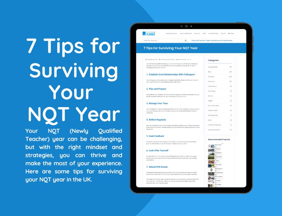 Tablet displaying NQT year survival tips.