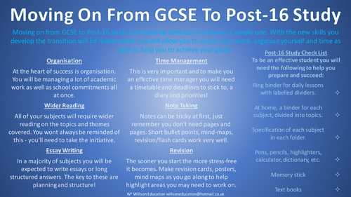 Infographic with tips for transitioning from GCSE to post-16 study.