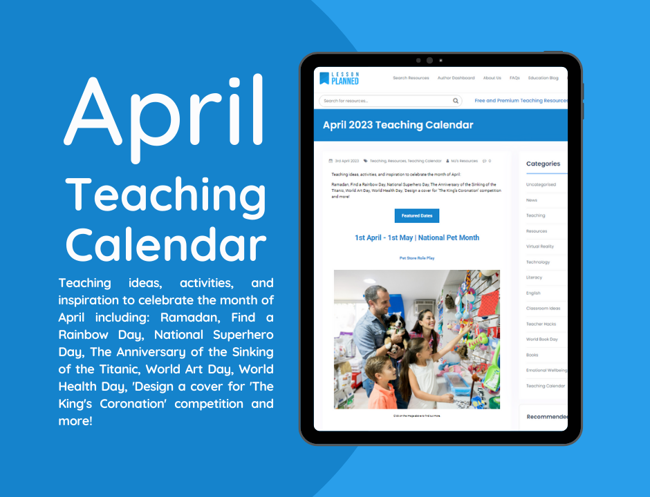 April teaching calendar on a tablet display.