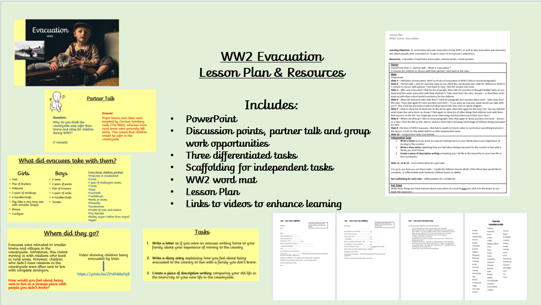 WW2 evacuation education lesson resources display.