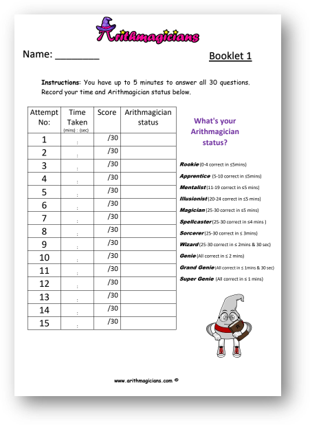 Math challenge booklet with status levels and score table.