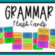 Colorful English grammar educational flash cards display.