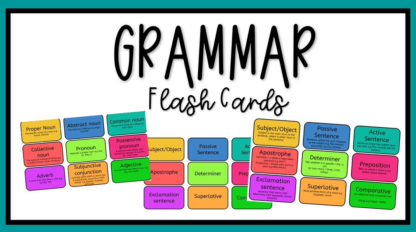 Colorful English grammar educational flash cards display.