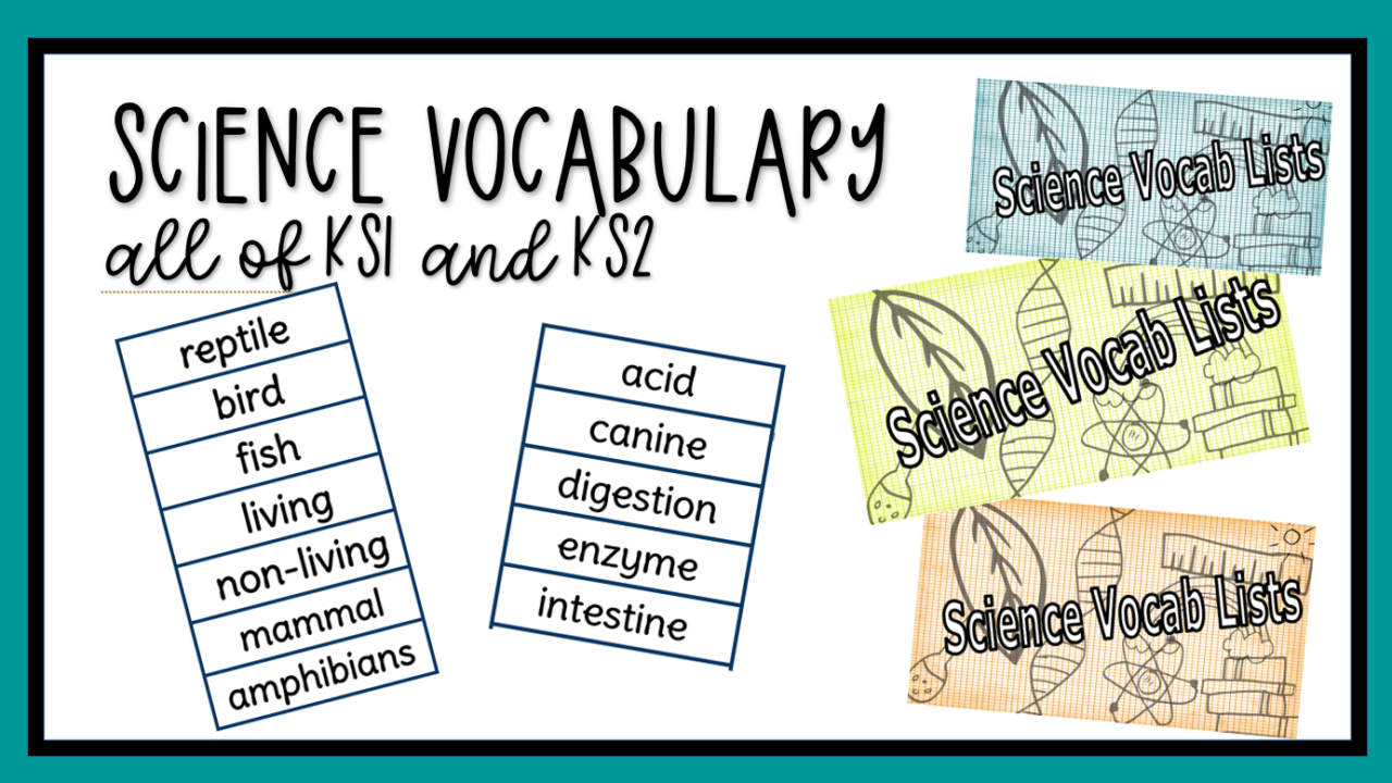 KS1 and KS2 science vocabulary lists displayed.