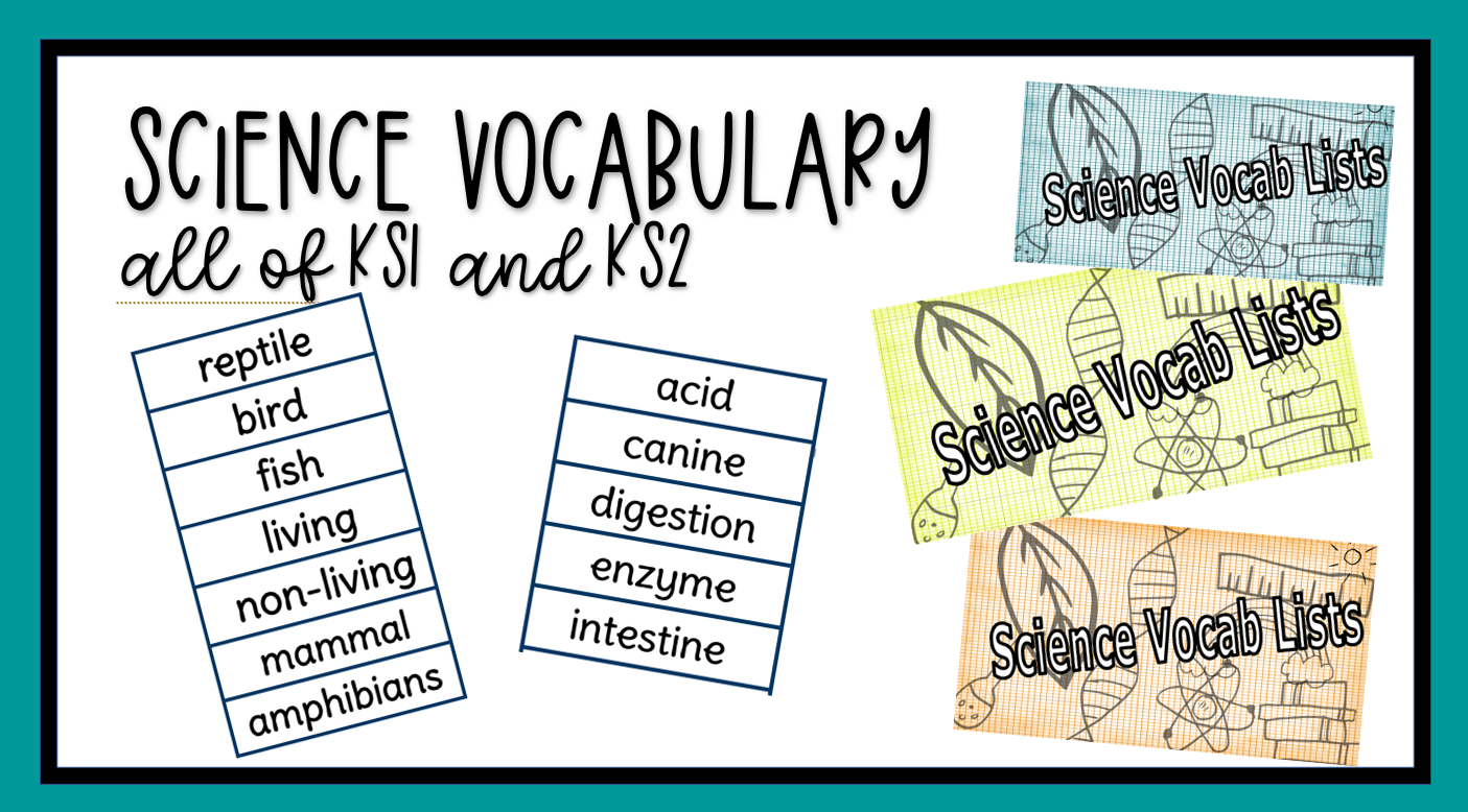 KS1 and KS2 science vocabulary lists displayed.