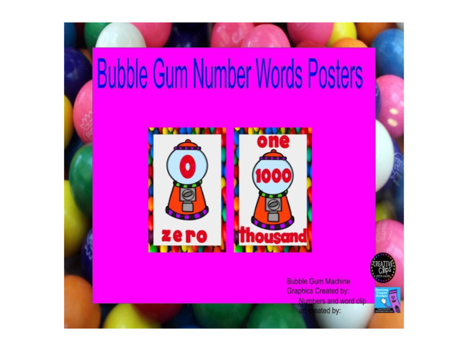 Educational bubble gum number word posters.