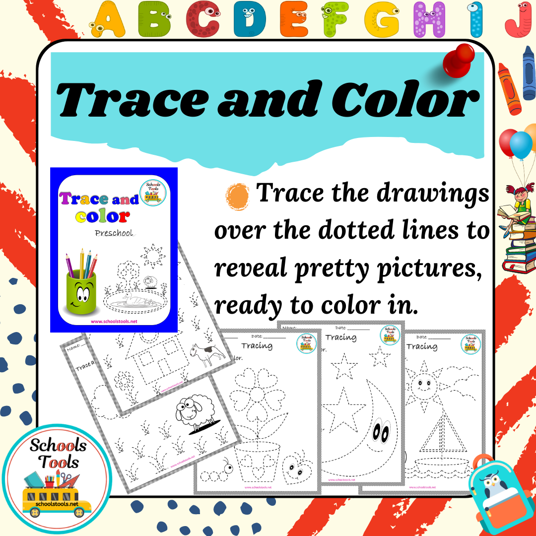 Preschool trace and colour activity sheets.