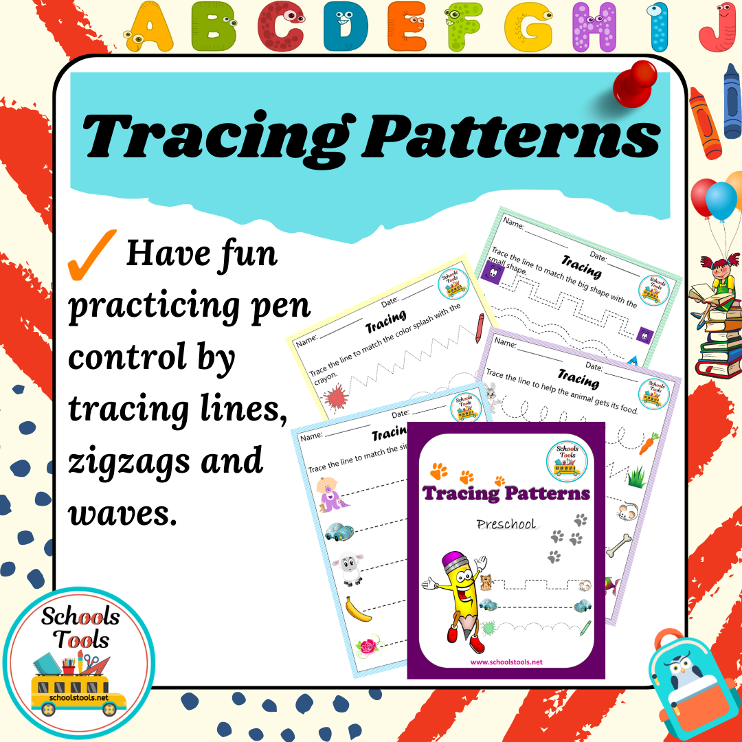 Preschool tracing patterns activity sheets for pen control.