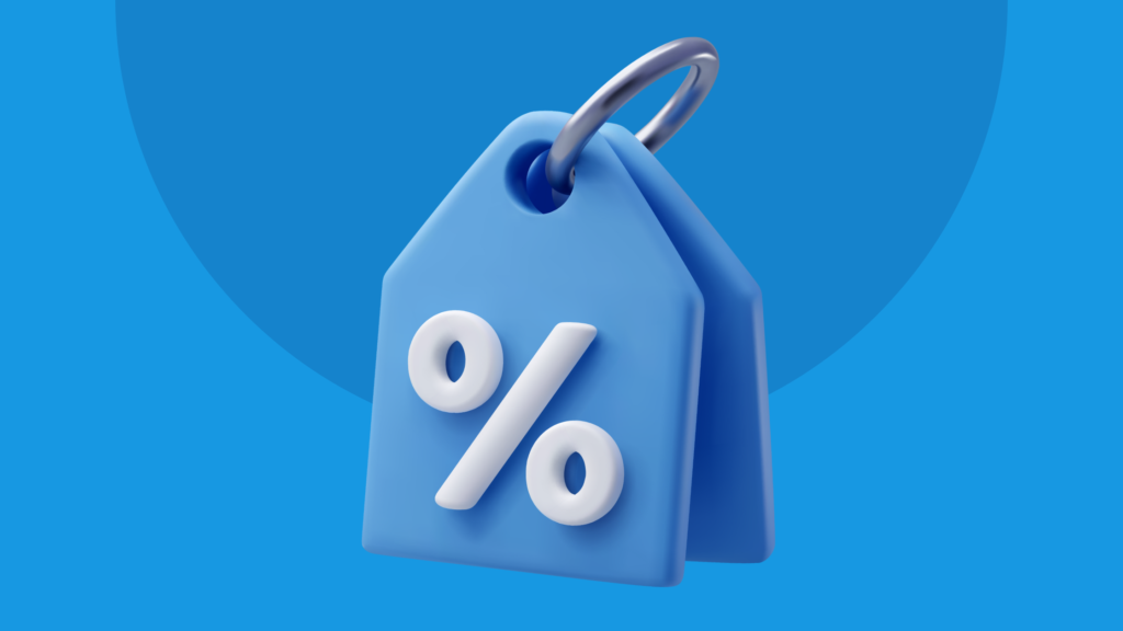 Blue discount tag with percentage sign on blue background.