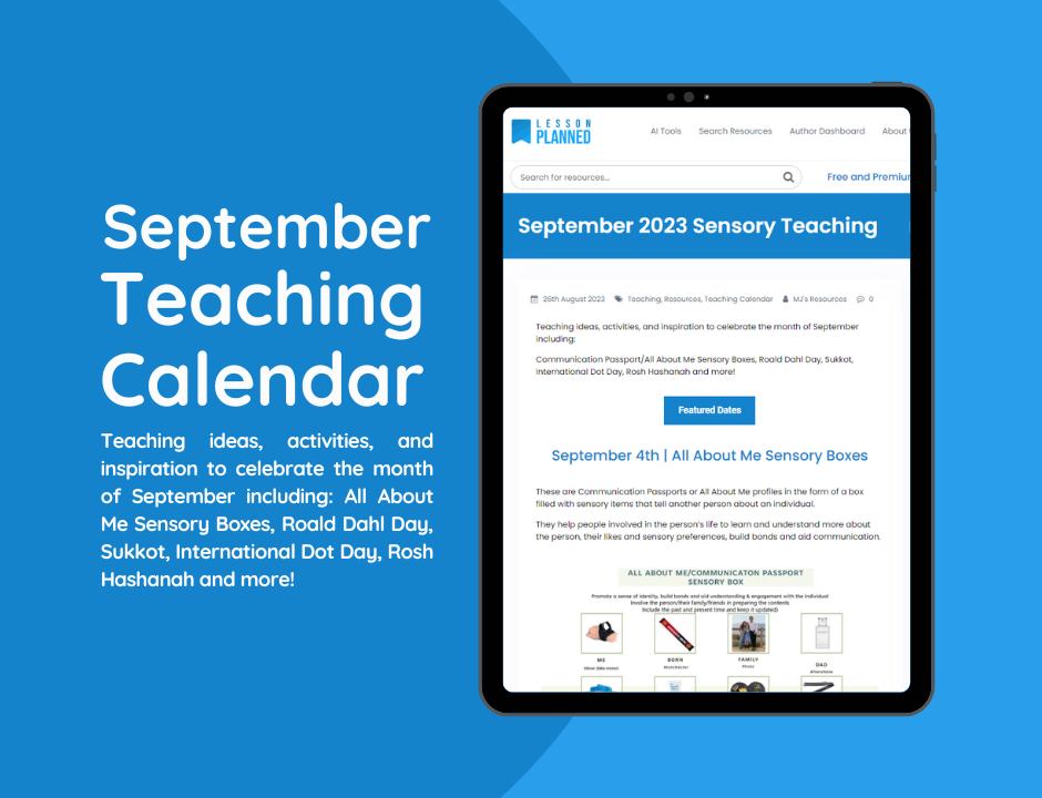 Tablet displaying September teaching resource calendar.