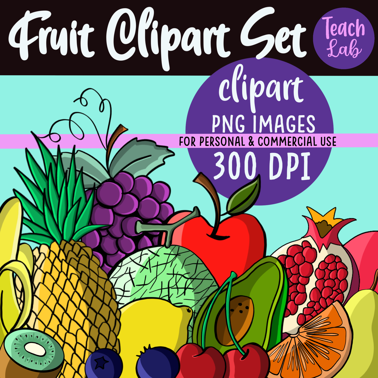 Colourful fruit clipart set advertisement, 300 DPI PNG.