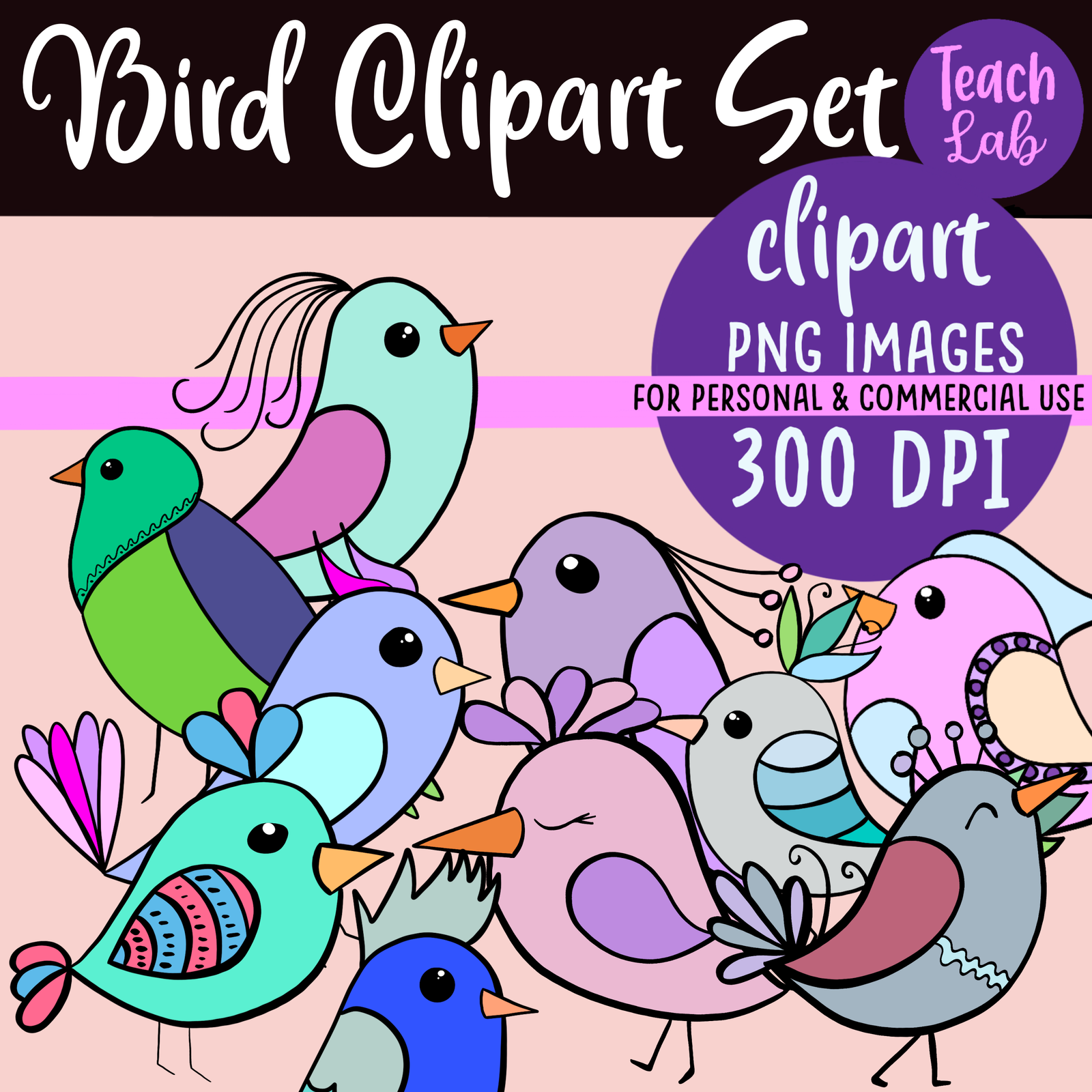 Colourful bird clipart set, PNG format, 300 DPI.