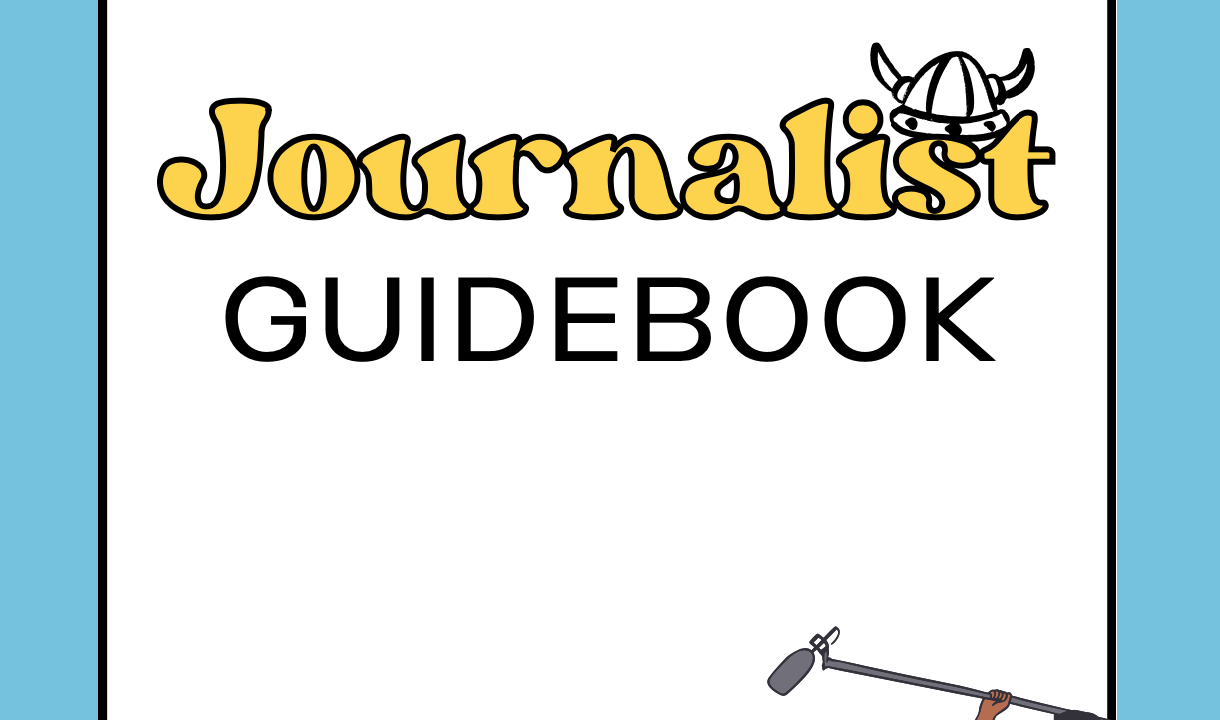 Cover of Journalist Guidebook 2023-2024 with cartoon character.