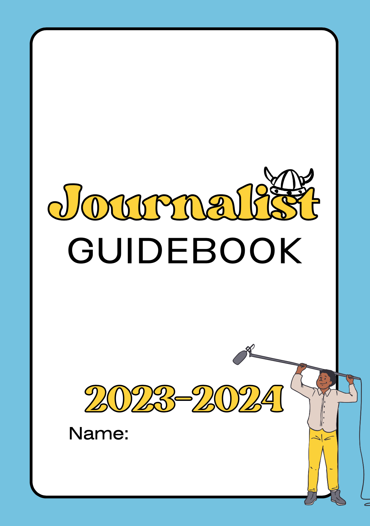 Cover of Journalist Guidebook 2023-2024 with cartoon character.