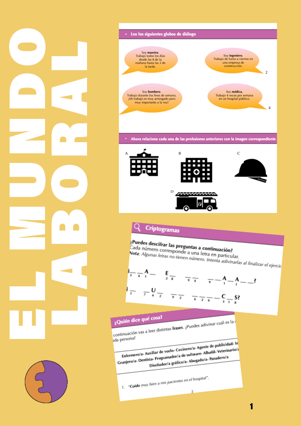 Educational worksheet on professions and dialogues in Spanish.