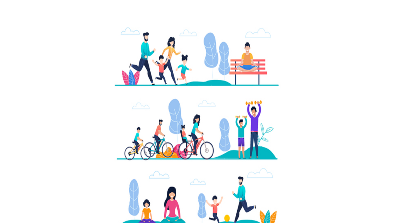 Illustrations of diverse people participating in physical activities.