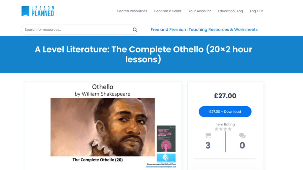 A Level Othello lessons download, Shakespeare teaching resources.