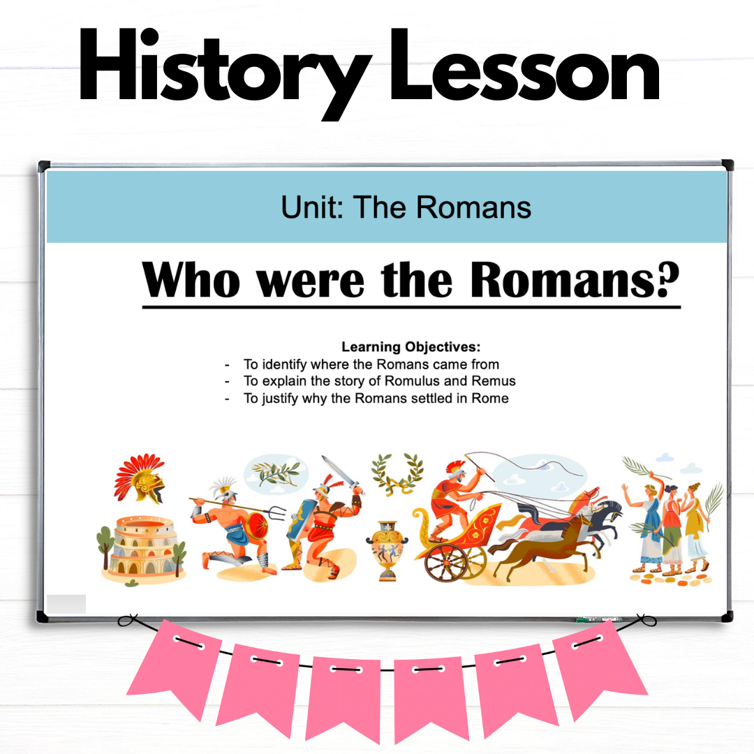 Roman history lesson presentation on whiteboard with illustrations.