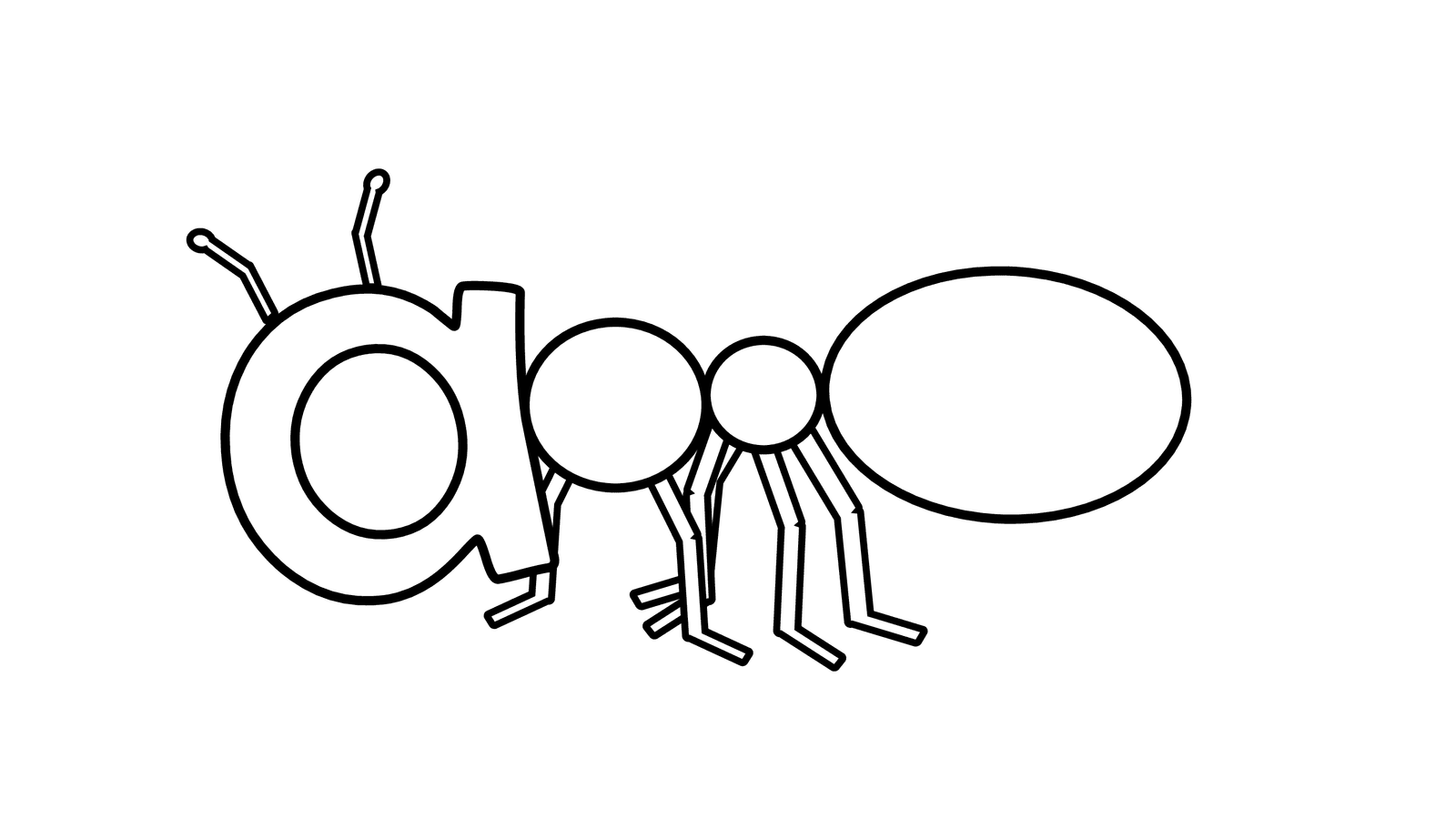 Line art ant illustration formed by letters.