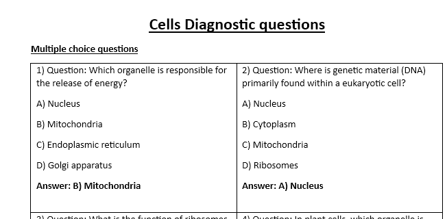 Biology exam questions on cell organelles.