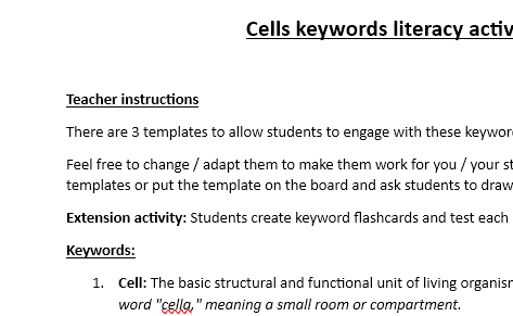 Screenshot of biology literacy activity instructions on cells.