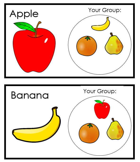Educational fruit grouping flashcards.