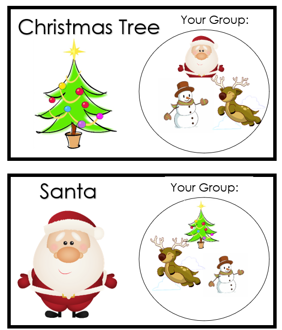 Christmas group signs with tree, Santa, snowman, and reindeer.