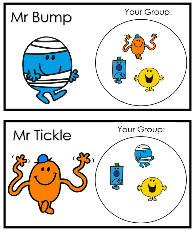Cartoon characters Mr Bump and Mr Tickle with friends